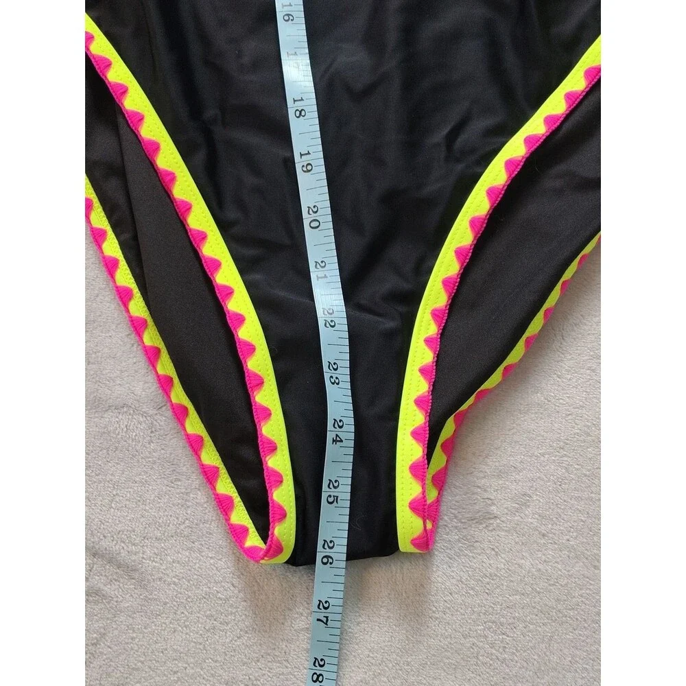 Popvil Black One Piece Tie Back Swimsuit with Multicolored Neon Trim Size XL New